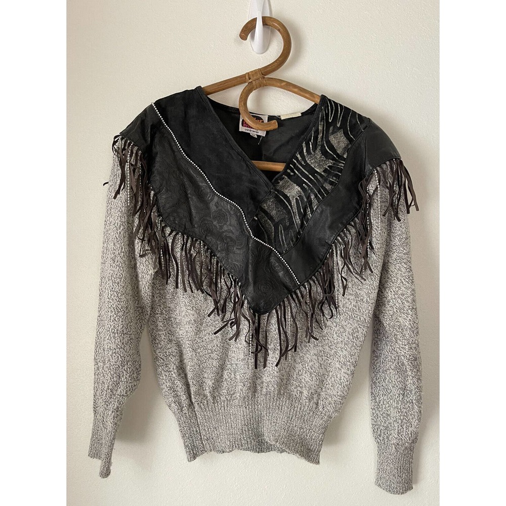 Vintage 80s Miller Outerwear Womens XL Western Beaded Gray Sweater with Fringe